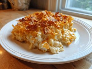 A serving of creamy hashbrown casserole topped with golden, crunchy cornflakes on a white plate.