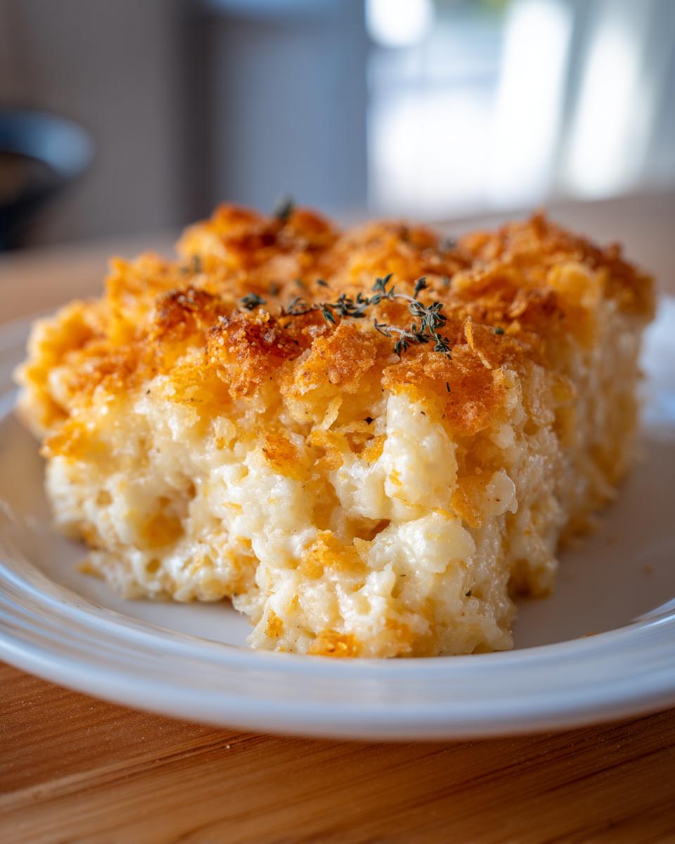 A close-up of a creamy, cheesy slice of hashbrown casserole topped with golden brown crumbs and fresh thyme.