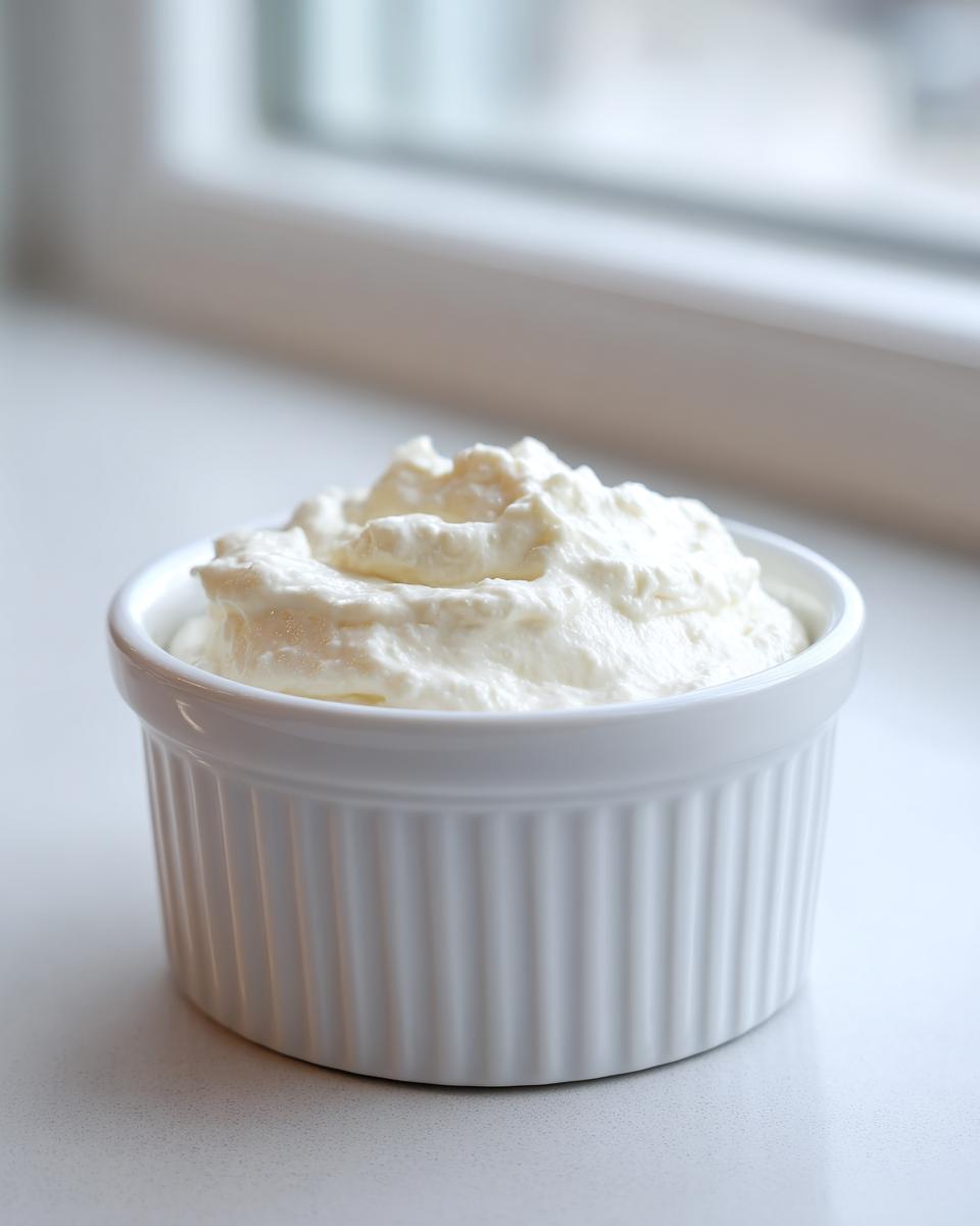 A close-up of thick, creamy horseradish sauce served in a small, white, fluted ramekin.
