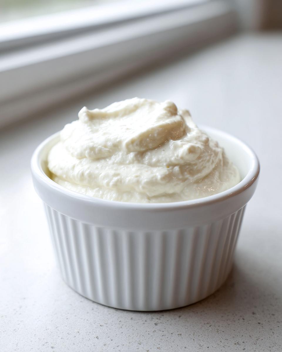 A close-up of creamy, white horseradish sauce mounded high in a small, fluted white ramekin.