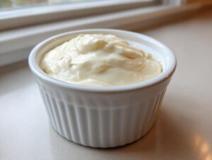 A close-up of creamy, pale yellow horseradish sauce served in a small, white, fluted ramekin.