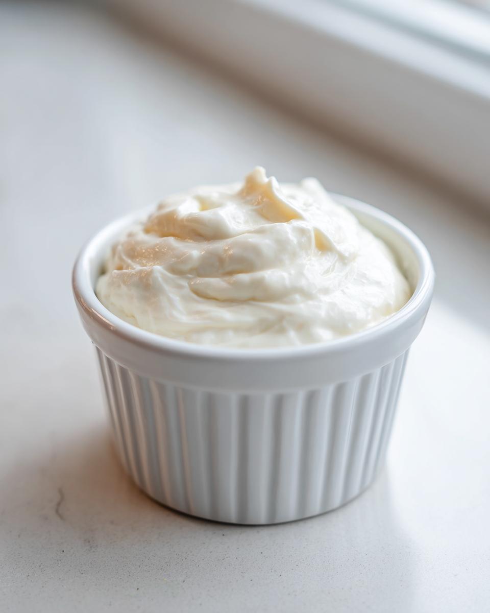 A small white ramekin filled with thick, creamy horseradish sauce, ready to serve.