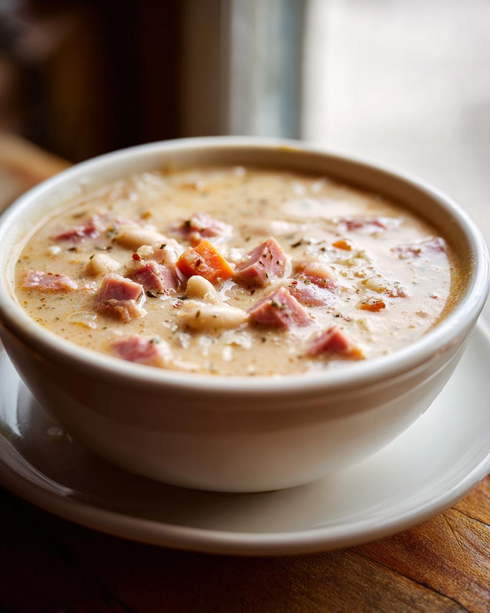 Close-up of a creamy white bean and ham soup in a white bowl, featuring chunks of ham and carrots.
