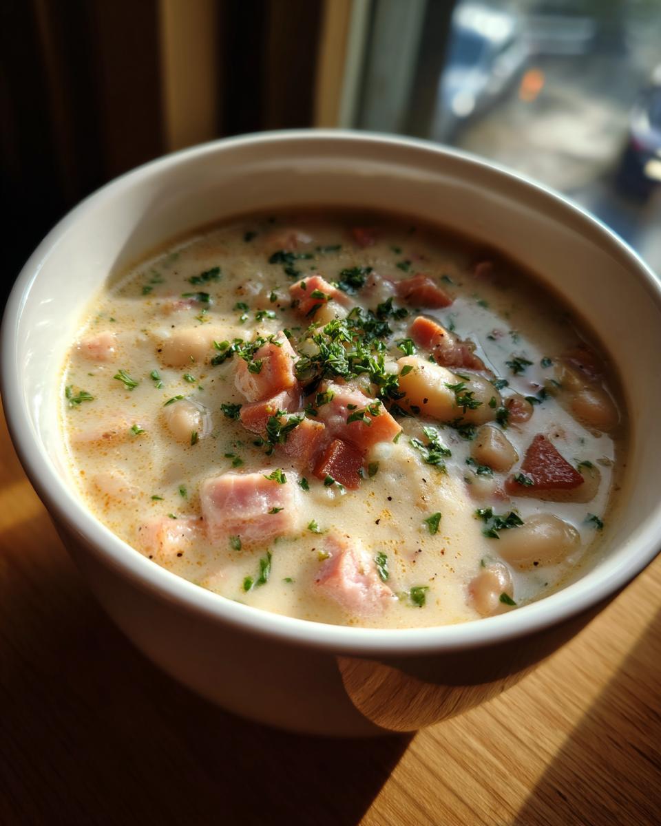 Close-up of a creamy white bean and ham soup, garnished with fresh parsley, served in a white bowl.
