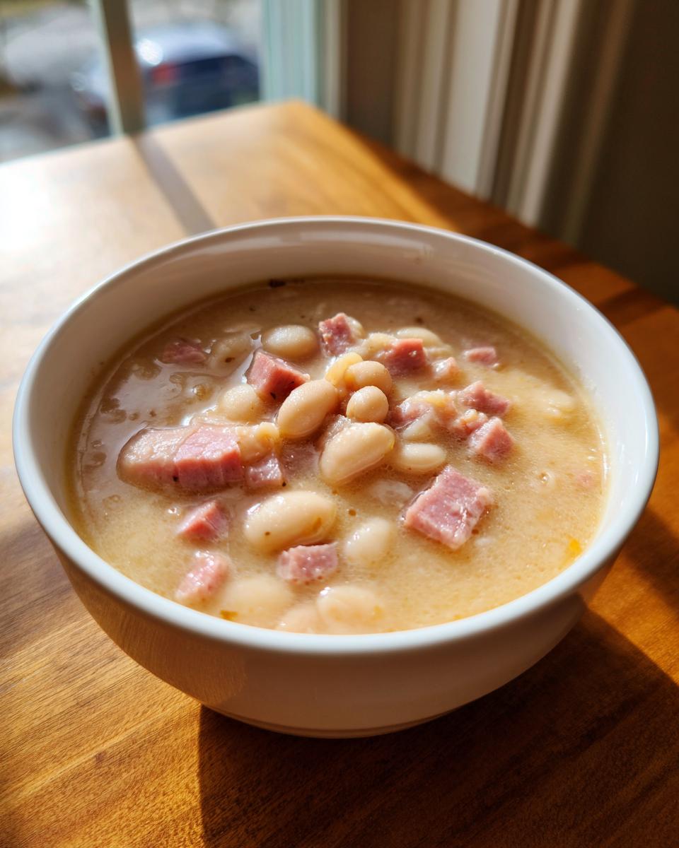 Close-up of a white bowl filled with creamy white bean and ham soup, lit by sunlight.