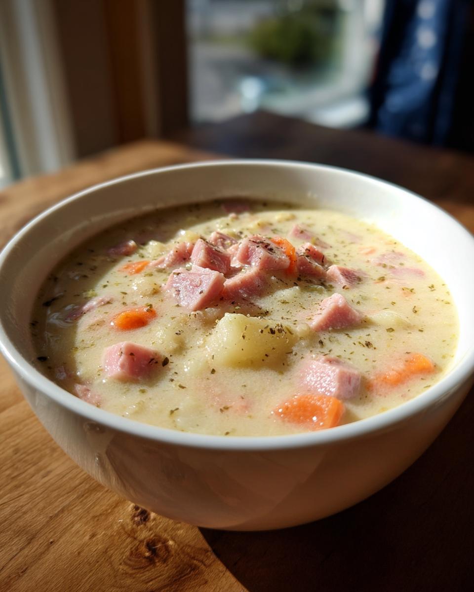 Close-up of a creamy white bean and ham soup with chunks of ham, carrots, and potatoes, garnished with herbs.