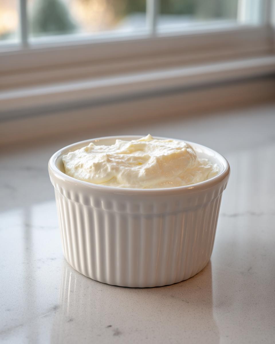 A small white fluted ramekin filled with thick, creamy white horseradish sauce, sitting on a light countertop.