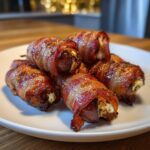 A close-up of several perfectly cooked bacon-wrapped dates stuffed with cheese, served on a white plate.