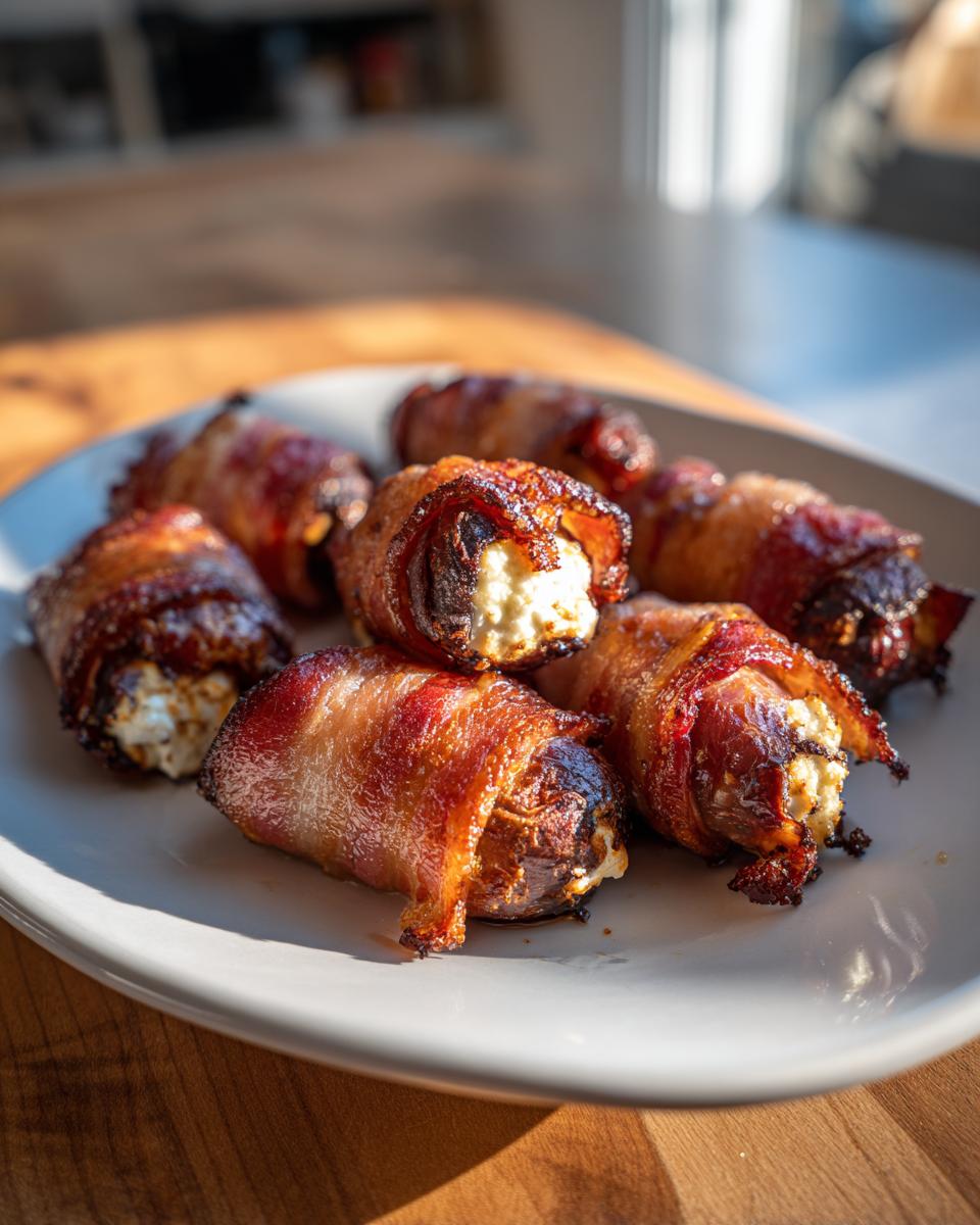 A plate of freshly baked bacon-wrapped dates stuffed with a white, creamy cheese filling.