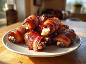 A plate piled high with freshly baked, crispy bacon-wrapped dates stuffed with creamy white cheese filling.