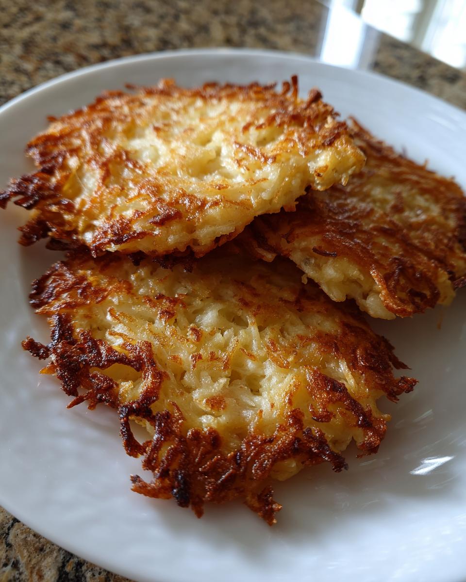 Close-up of three perfectly golden brown and crispy potato latkes stacked slightly on a white plate.