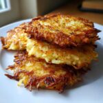 A close-up stack of three golden-brown, crispy Potato Latkes served on a white plate.