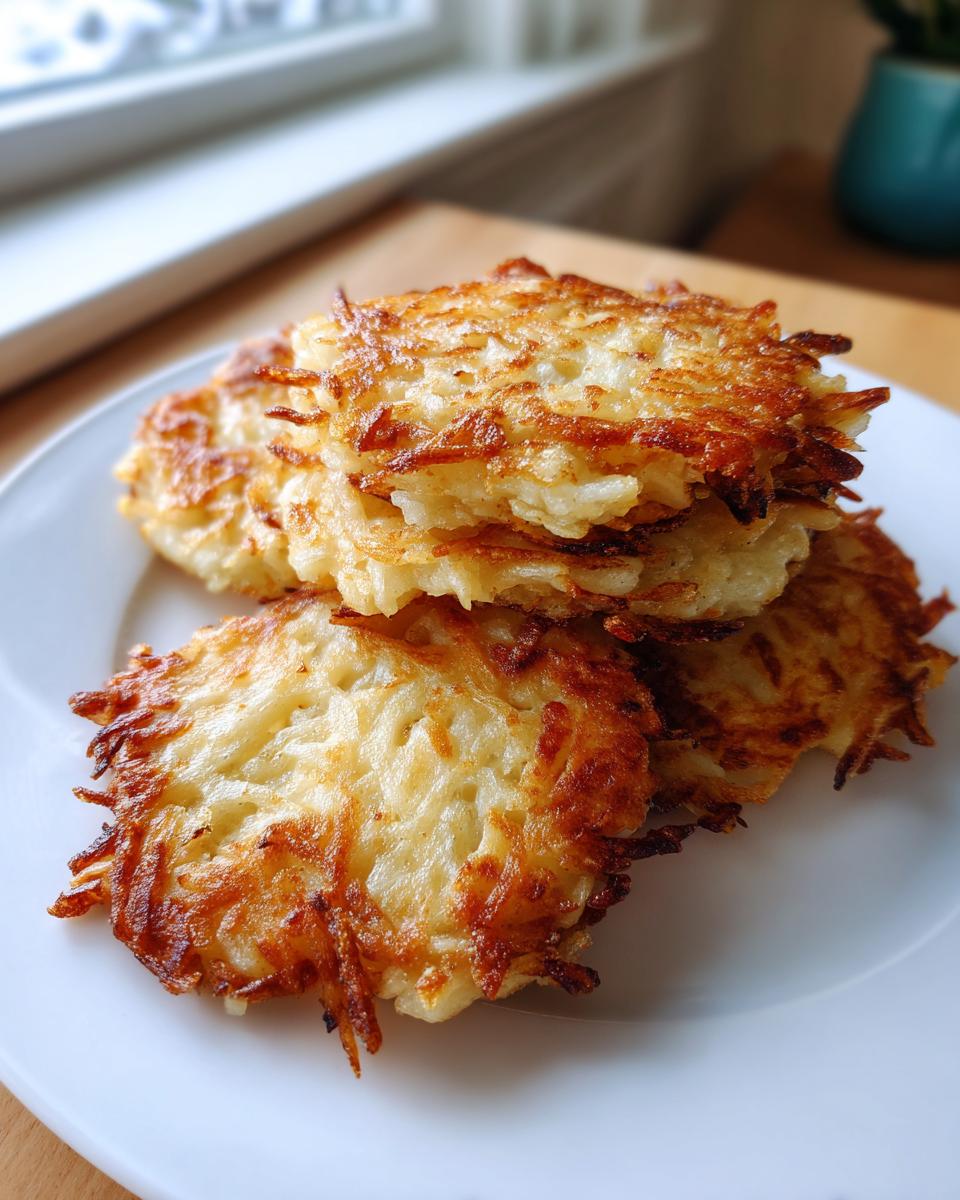 A stack of four golden-brown, crispy potato latkes served on a white plate near a window.