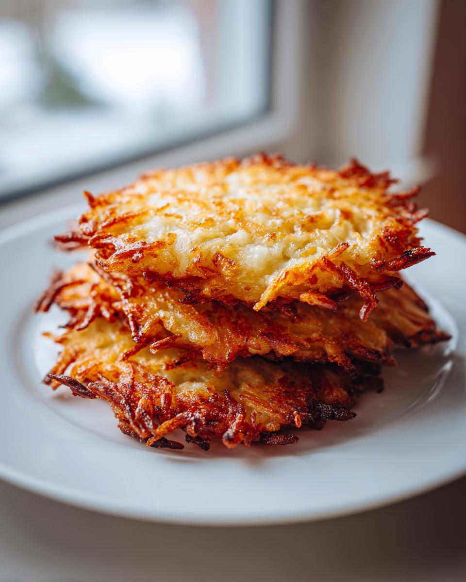 A stack of three golden brown, crispy potato latkes served on a white plate.