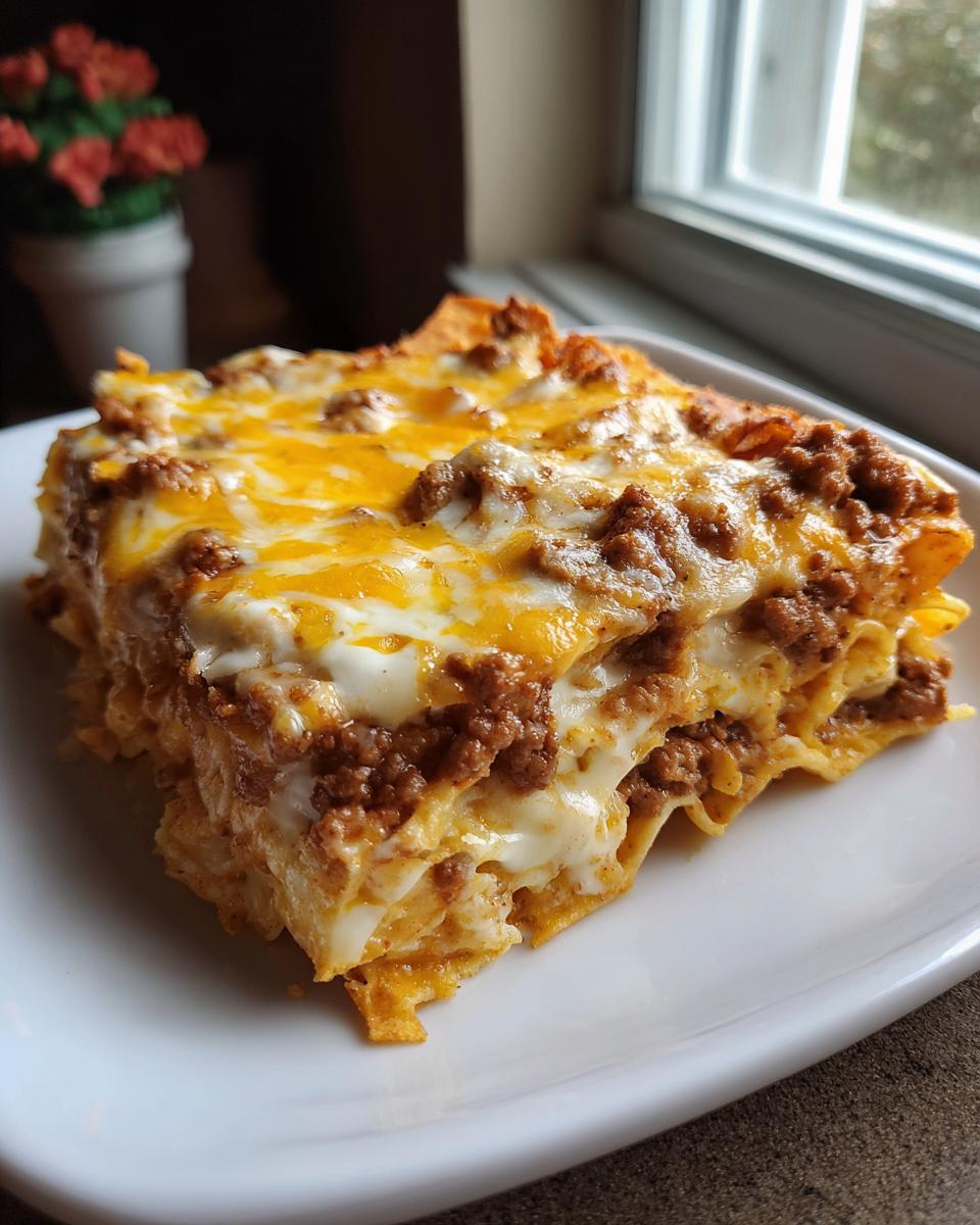 Close-up of a hearty slice of Dorito Casserole layered with seasoned ground meat and melted cheddar and Monterey Jack cheese.