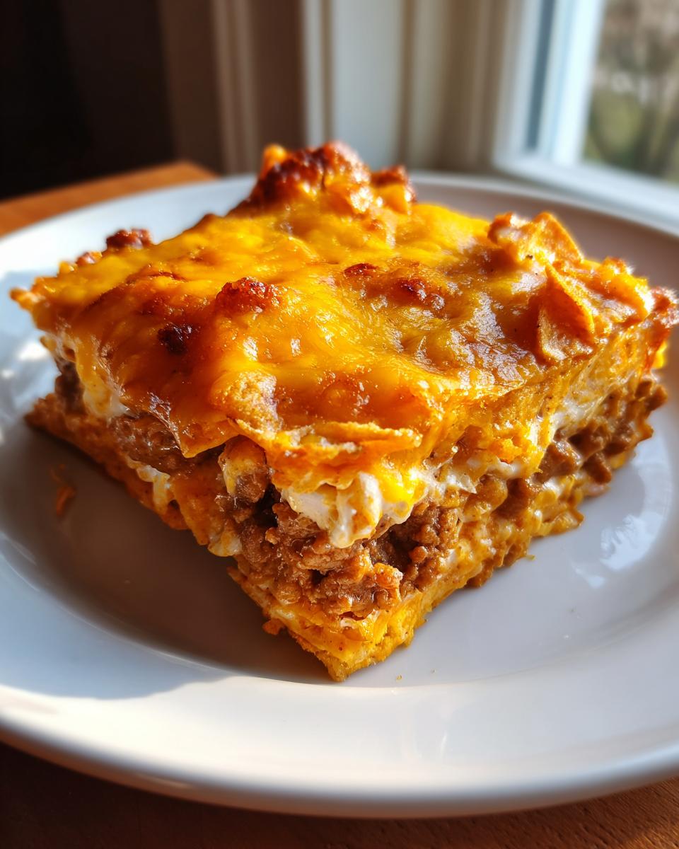 A close-up, sunlit slice of Dorito Casserole featuring layers of seasoned meat and melted, bubbly cheddar cheese.