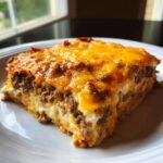 Close-up of a hearty square slice of Dorito Casserole layered with ground meat and topped with melted cheddar cheese.