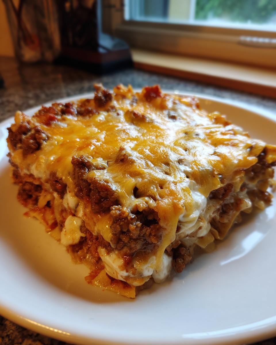 Close-up of a hearty slice of Dorito Casserole layered with seasoned ground beef and melted cheddar cheese.