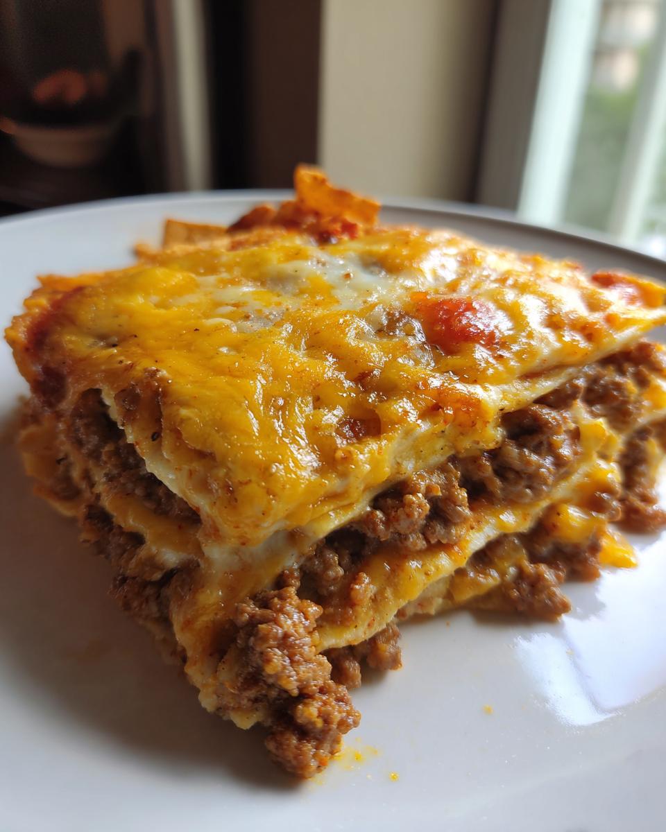 A thick, layered slice of Dorito Casserole featuring seasoned ground beef and melted orange cheese on a white plate.