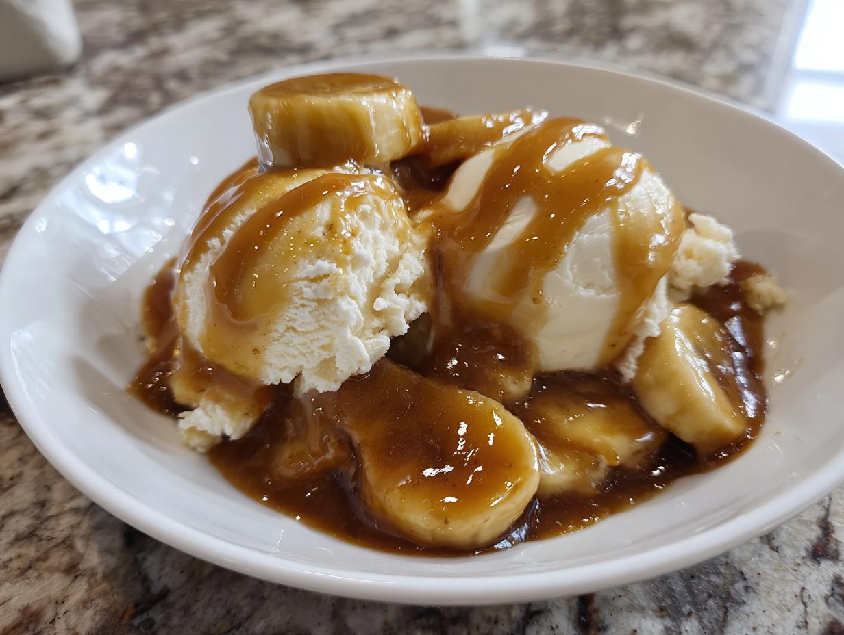Close-up of two scoops of vanilla ice cream topped with rich caramel sauce and sliced, cooked bananas, a perfect Bananas Foster.