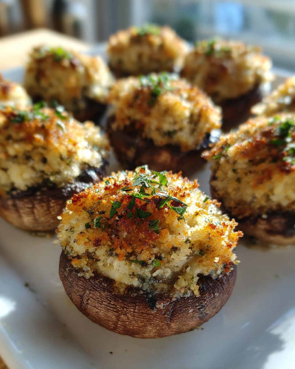 A close-up of baked stuffed mushrooms featuring a golden, crispy breadcrumb topping and fresh parsley garnish.
