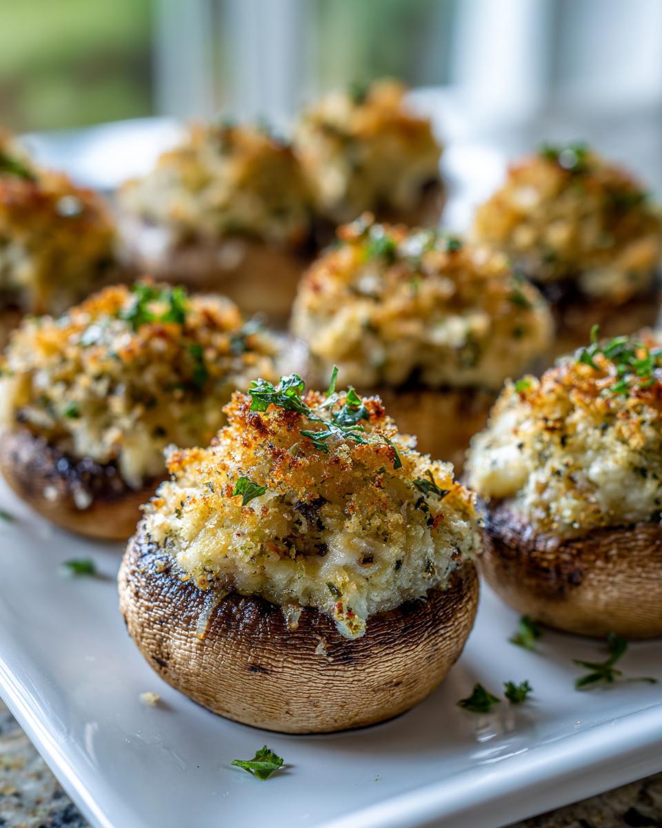 Several golden-brown stuffed mushrooms with a crispy breadcrumb topping, garnished with parsley, ready to serve.