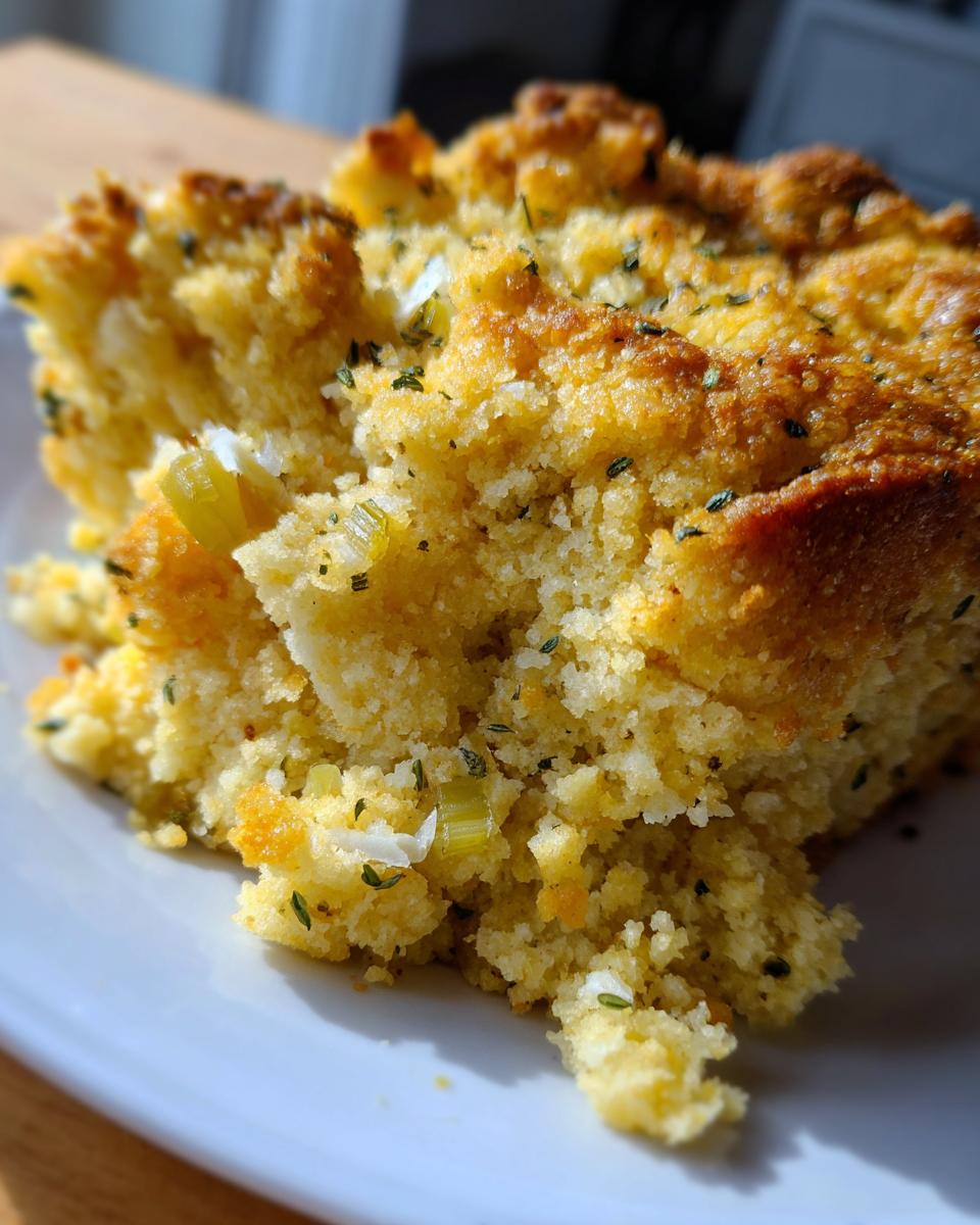 A close-up, sunlit view of a serving of moist cornbread dressing, showing its crumbly texture and flecks of green herbs and celery.