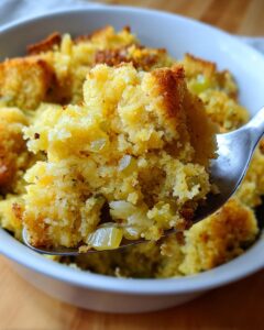 A spoonful of moist, golden cornbread dressing featuring visible chunks of cooked onion being lifted from a white bowl.