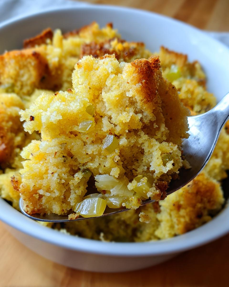 A spoonful of moist, golden cornbread dressing featuring visible chunks of cooked onion being lifted from a white bowl.