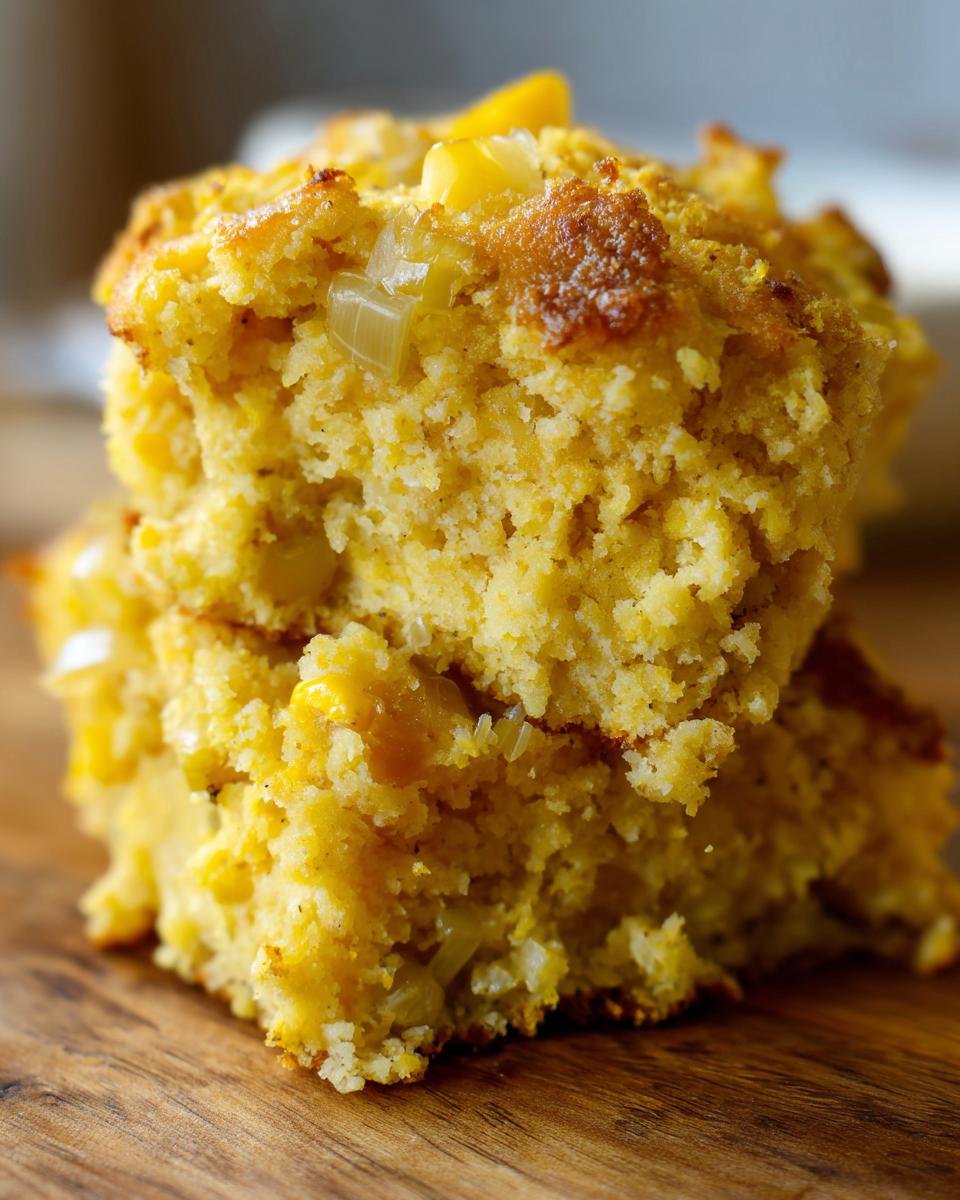 Two stacked squares of moist, yellow cornbread dressing showing visible pieces of corn and onion.