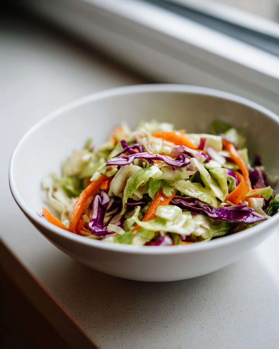A close-up of a vibrant cabbage salad featuring shredded green and purple cabbage and bright orange carrots in a white bowl.