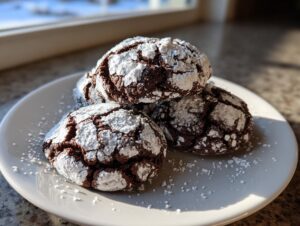 Close-up of four fudgy chocolate crinkle cookies heavily dusted with powdered sugar on a white plate.