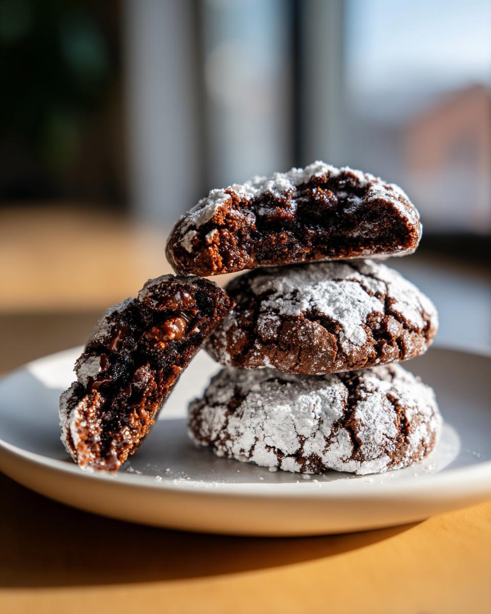 A stack of three fudgy chocolate crinkle cookies dusted heavily with powdered sugar, one broken open to show the texture.