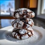 Three fudgy chocolate crinkle cookies stacked on a white plate, dusted heavily with powdered sugar.