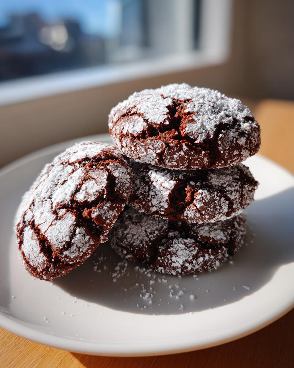 A stack of four rich, dark chocolate crinkle cookies heavily dusted with white powdered sugar.