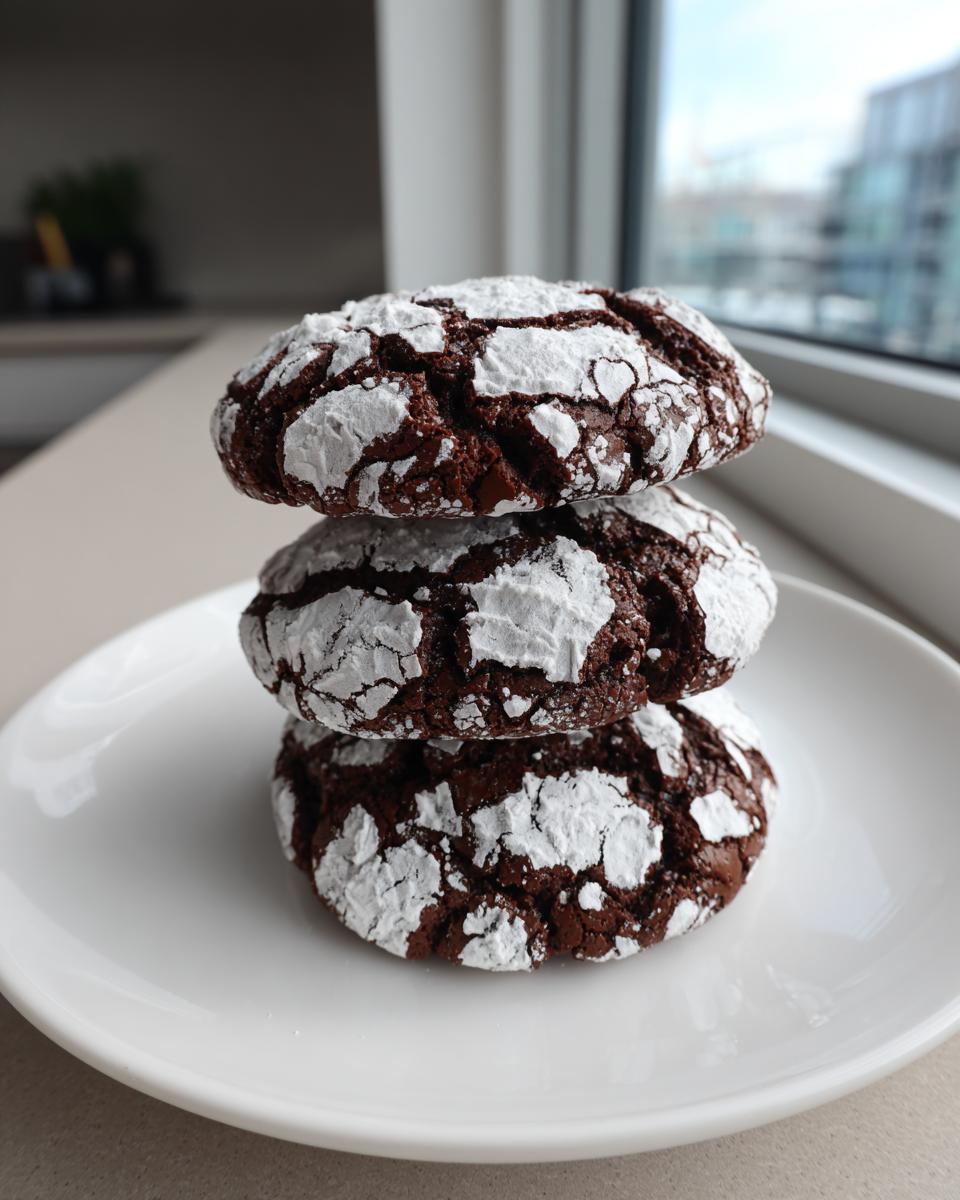 Three rich, dark chocolate crinkle cookies dusted heavily with powdered sugar stacked on a white plate.