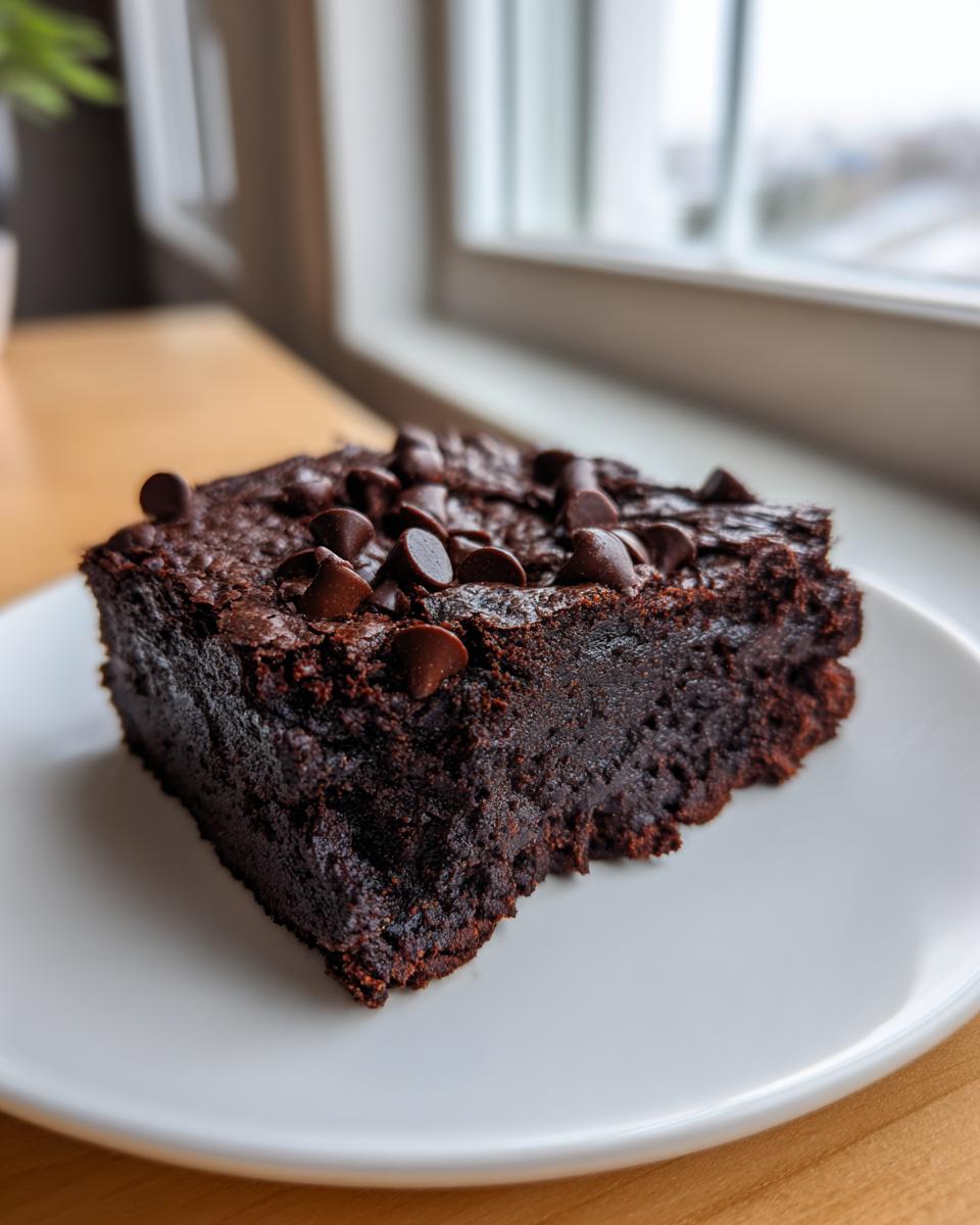 A rich, dark slice of fudgy sweet potato brownies topped with chocolate chips on a white plate.