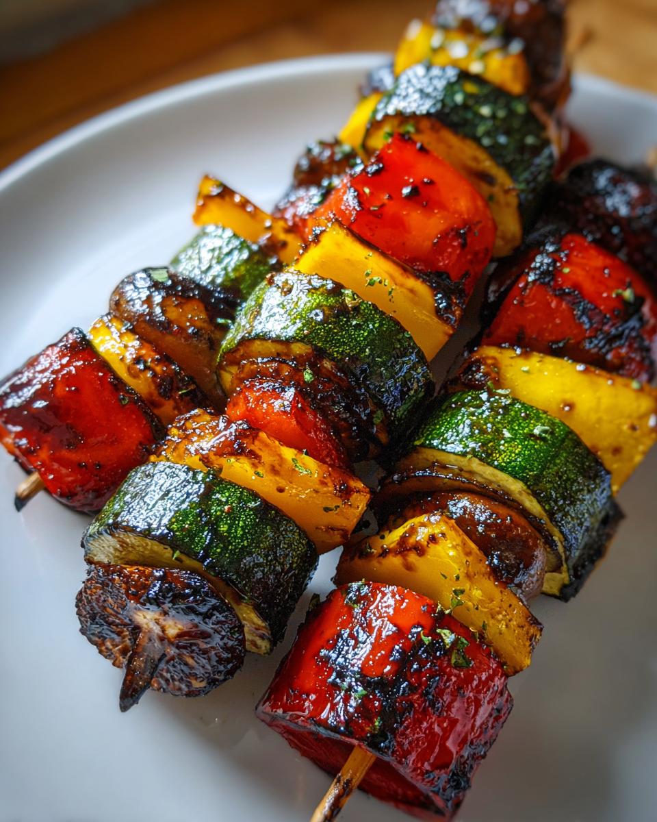 Two skewers loaded with colorful, glazed grilled vegetable skewers featuring zucchini, red and yellow peppers, and mushrooms.