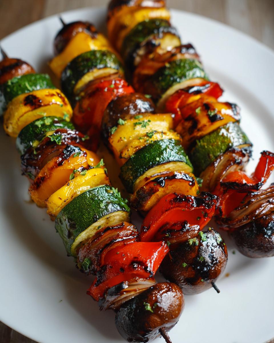 Three skewers of colorful, glazed grilled vegetable skewers featuring zucchini, peppers, and mushrooms.
