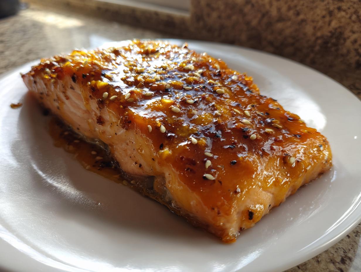 Close-up of a perfectly cooked salmon fillet topped with a shiny, orange-brown glaze and sesame seeds.