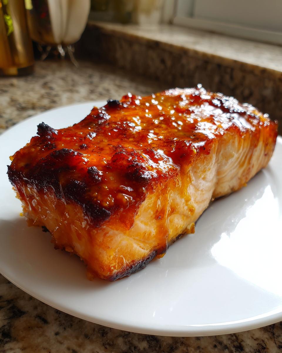 Close-up of a perfectly cooked salmon fillet with a thick, shiny, caramelized glaze on a white plate.