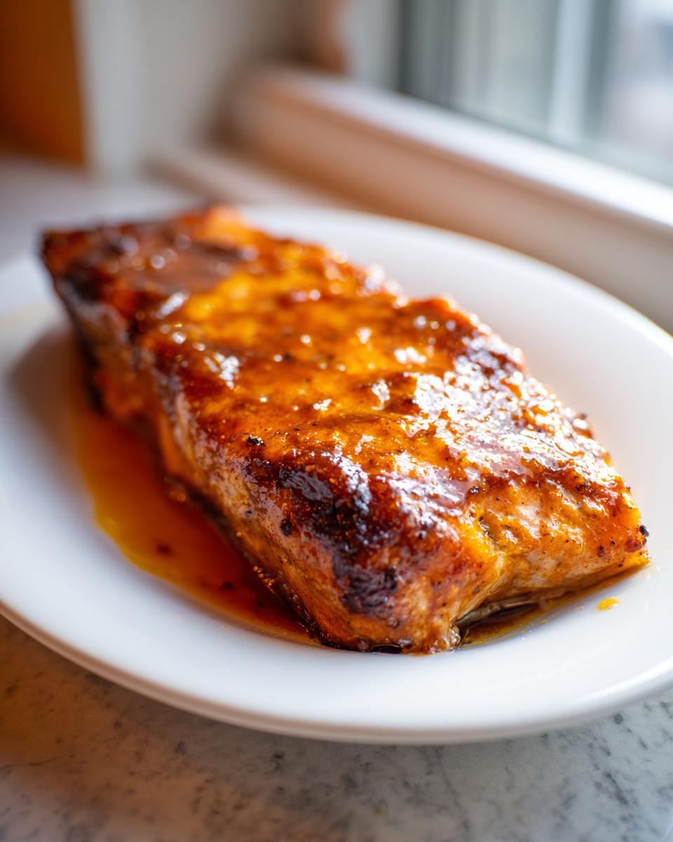 Close-up of a perfectly cooked, glazed salmon fillet resting on a white plate.