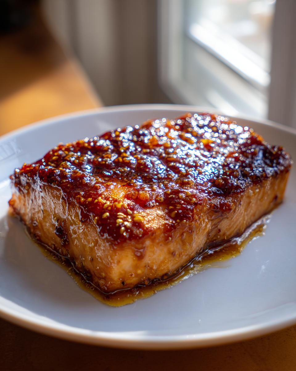 Close-up of a thick, perfectly cooked salmon fillet topped with a shiny, dark glaze and sesame seeds.