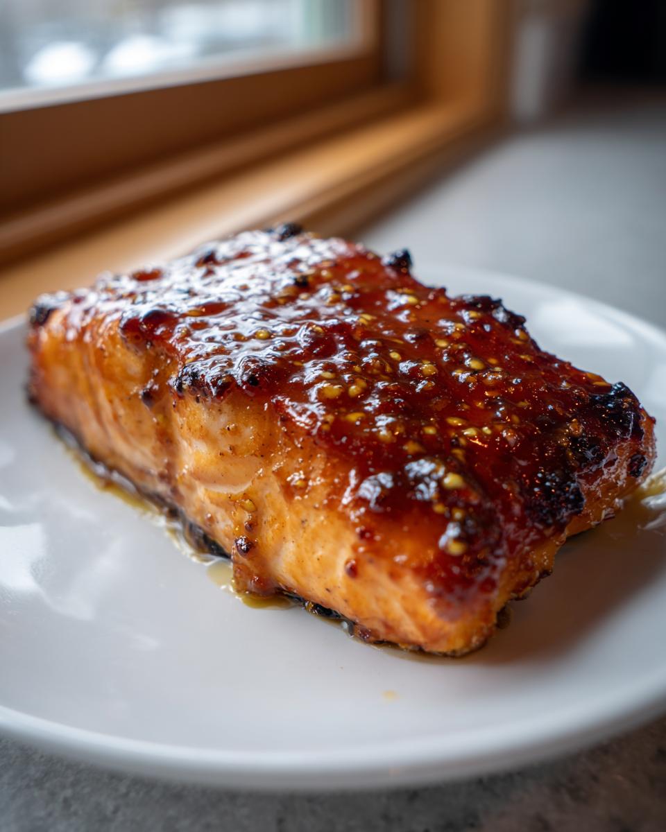 Close-up of a perfectly cooked salmon fillet topped with a thick, glistening honey mustard glaze.