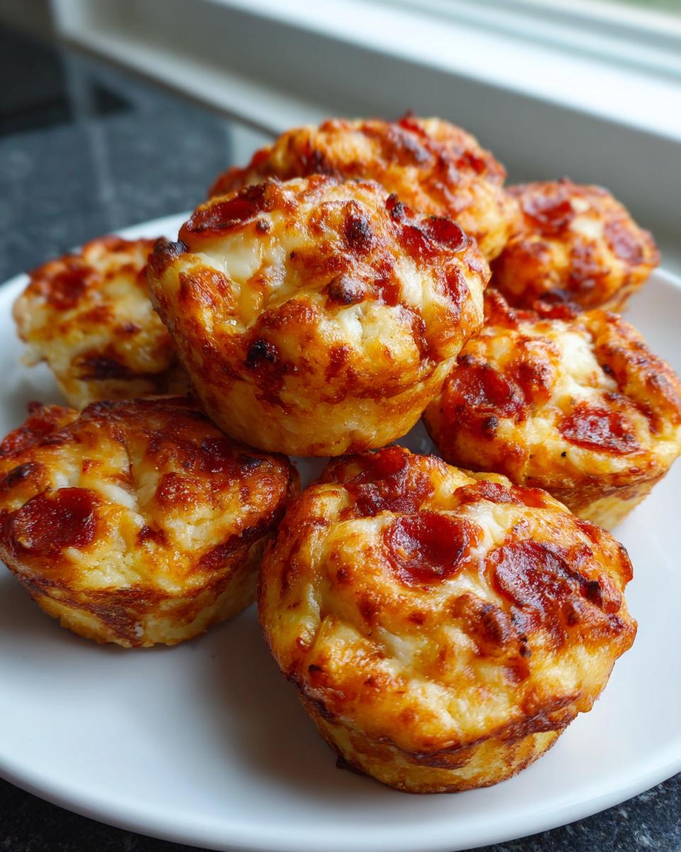 A close-up stack of golden brown, cheesy pizza muffins topped with pepperoni slices.