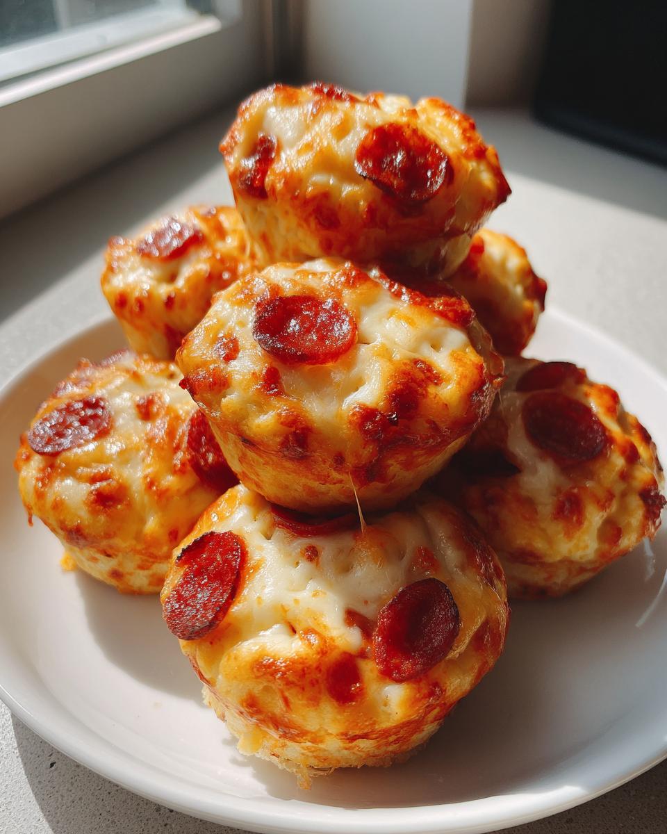 A stack of six golden brown, cheesy pizza muffins topped with pepperoni slices, sitting on a white plate near a window.