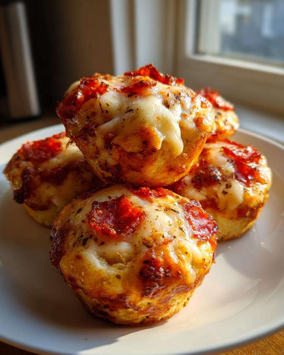 A close-up of four golden brown pizza muffins topped with melted cheese, pepperoni, and herbs, sitting on a white plate.