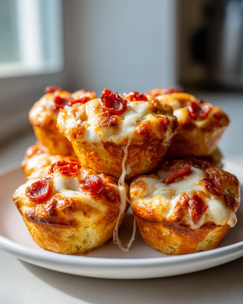 A stack of golden brown pizza muffins topped with melted cheese and pepperoni slices.