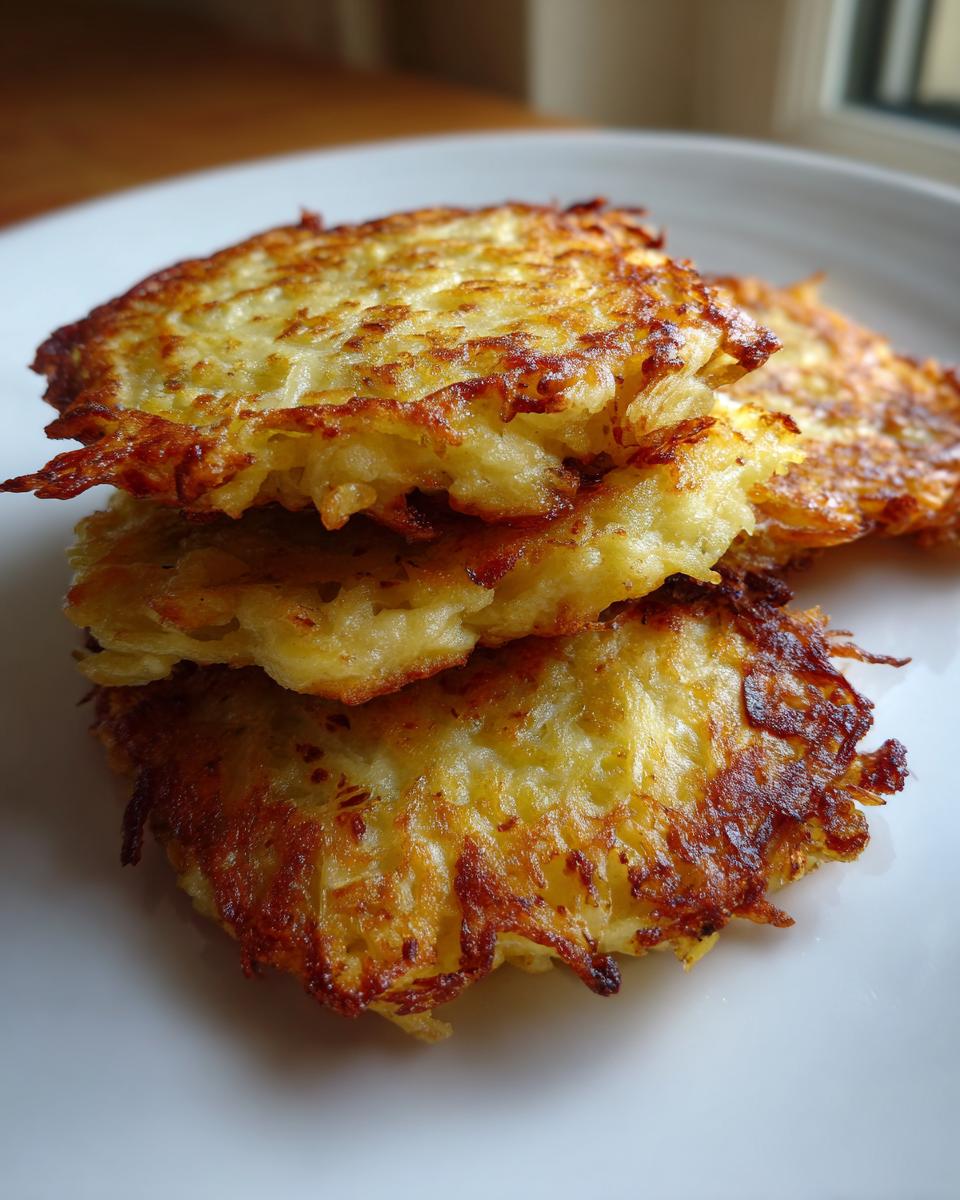 Close-up of three crispy, golden brown potato latkes stacked on a white plate, showing shredded texture.