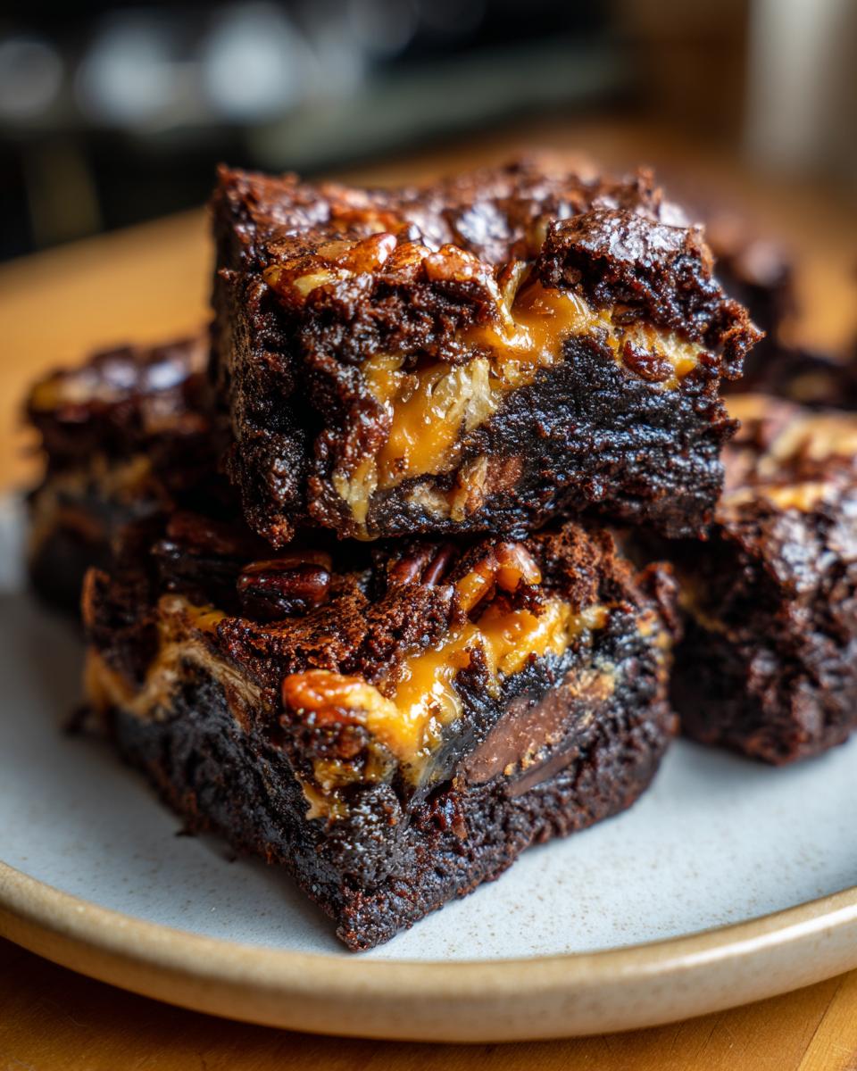 Close-up of stacked, rich chocolate turtle brownies showing gooey caramel filling and pecans on top.